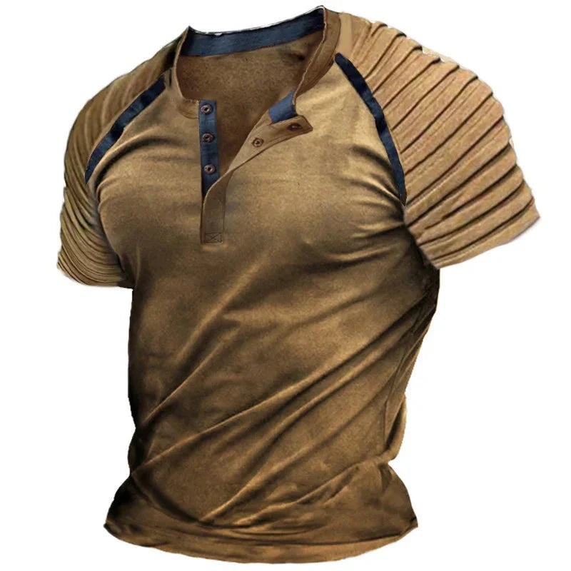 2024 Spring Summer Casual Mens T Shirts Short-sleeved Pleated Buttoned Tops Men Vintage Patchwork Striped T-shirt