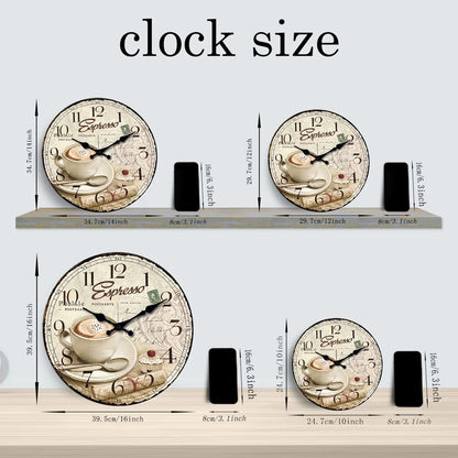 European Retro Coffee Cup Pattern Wooden Wall Clock for Living Room, Bedroom, Kitchen, Home Decoration, Silent Quartz Clock, Holiday Gift, 10 Inches, 12 Inches (No Battery)