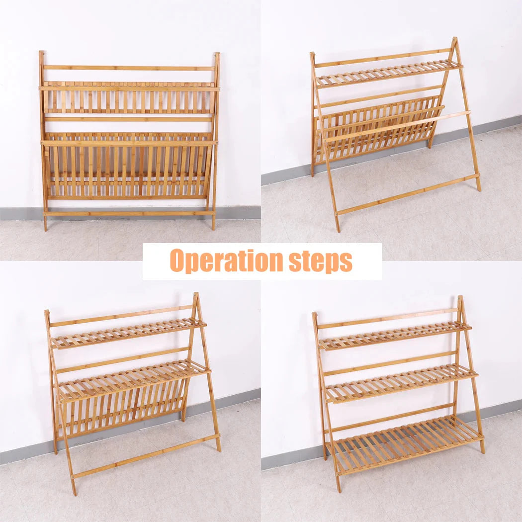 Bamboo Ladder Plant Stand Foldable Flower Pot Display Stand