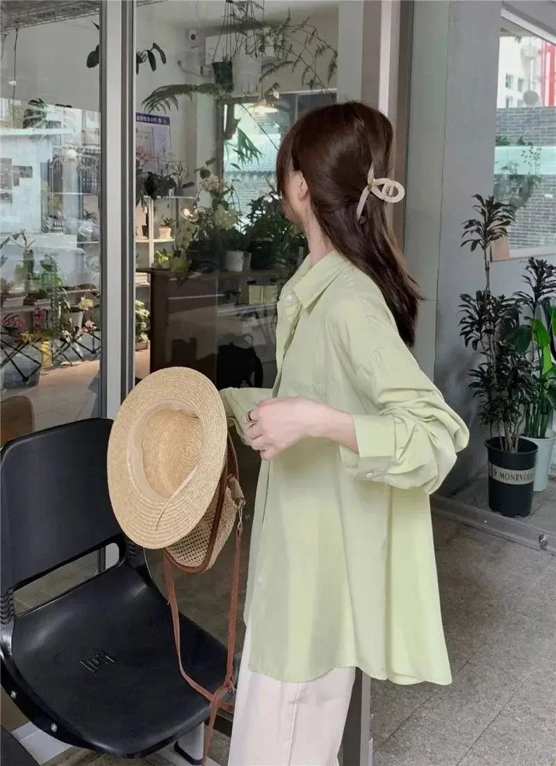 Sunscreen Shirt for Women in Summer New Polo Collar French Unique Loose Solid Color Long-sleeved Top Trendy