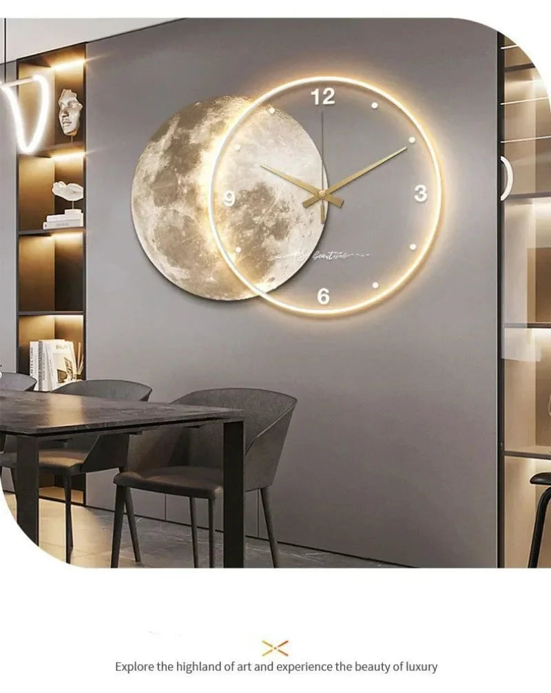 Large Wall Clock Luxury Dining Room Living Room Moon The Earth Modelling LED Light Silent Movement Bedroom Clock Wall Decoration