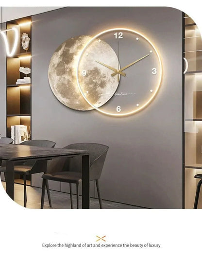 Large Wall Clock Luxury Dining Room Living Room Moon The Earth Modelling LED Light Silent Movement Bedroom Clock Wall Decoration