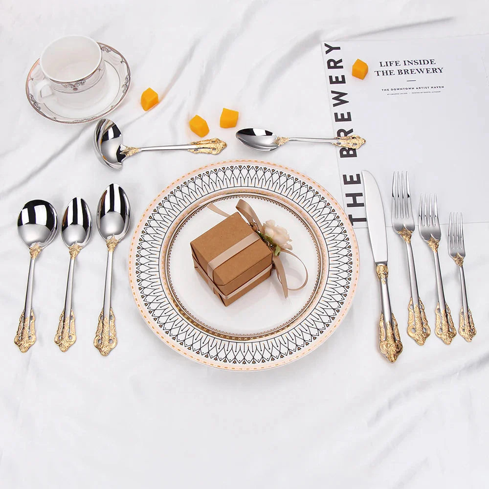 Stainless Steel Silver Flatware Set, Vintage Cutlery, Hollow Handle, Silverware for Wedding, Baroque, 18/10, Glossy Gold