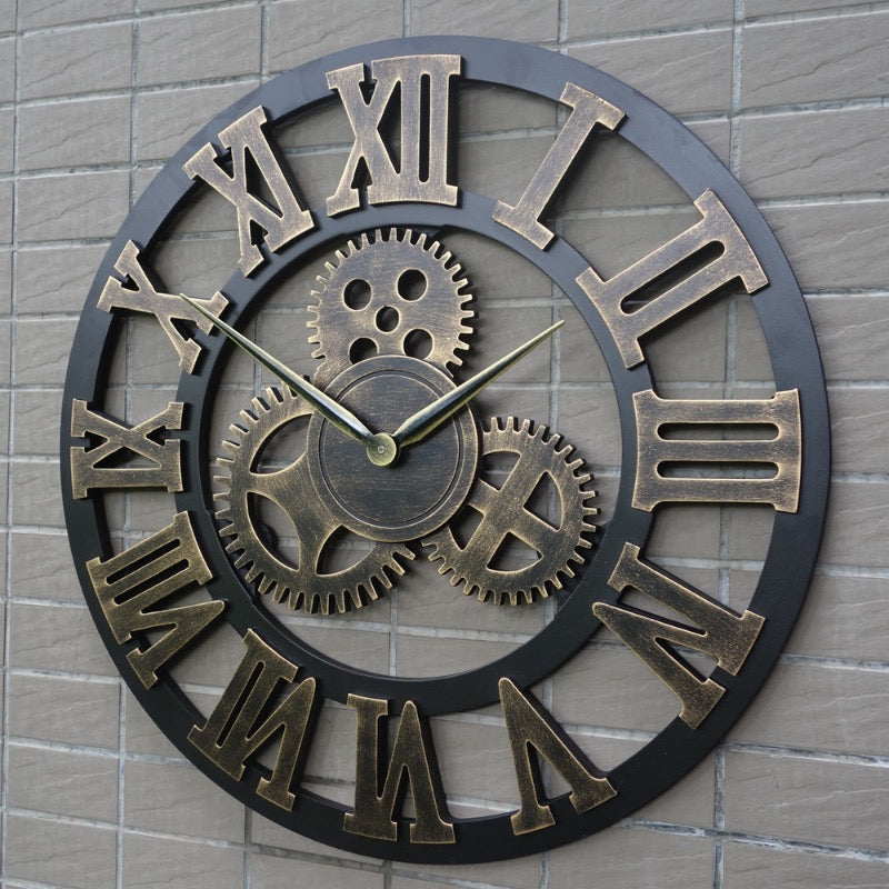 Vintage Style Industrial Wall Clock with Roman Numerals Visible 3D Gears 11"-17" Gold or Silver