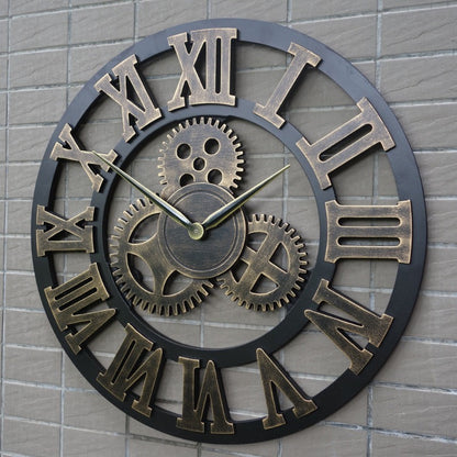 Vintage Style Industrial Wall Clock with Roman Numerals Visible 3D Gears 11"-17" Gold or Silver