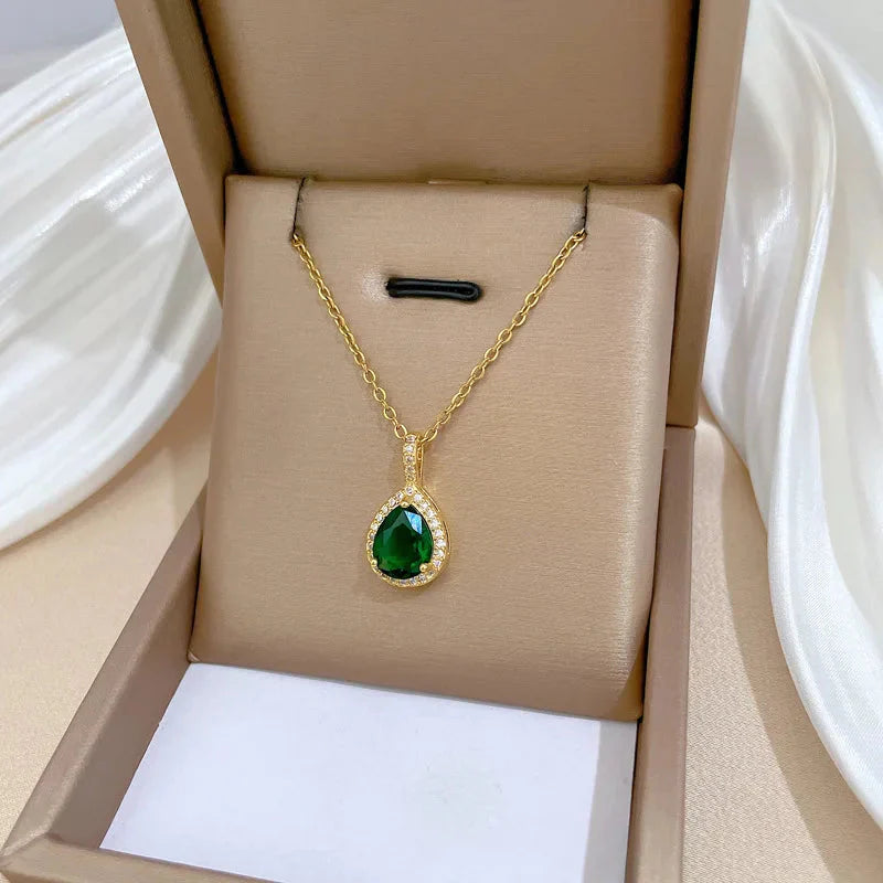 2pcs/set Jewelry Sets Women Elegant Waterdrop Green Rhinestone Pendant Necklace stud Earrings Wedding Dress Bridal Jewelry Set