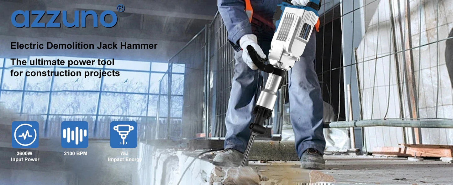 3600W Demolition Jack Hammer Electric Concrete Breaker Heavy Duty 2100 BPM Corded Power Rotary Hammer Drill with 2pcs Chisel Bit