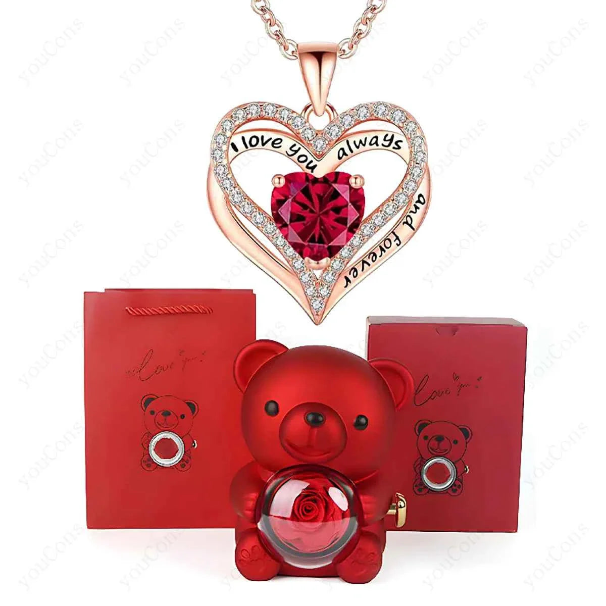 Red Heart Pendant Necklaces With Cute Bear Rose Gift Box For Women Mother Day 2026 Christmas Valentine Wedding Birthday Jewelry