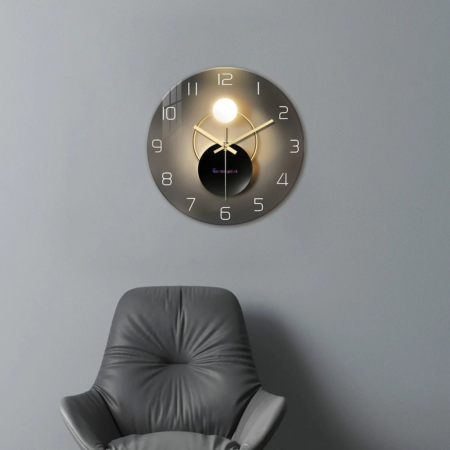 Light Luxury Simple Light and Shadow Flat Pattern Tempered Glass Wall Clock Living Room Bedroom Kitchen Home Decoration Wall Clock Silent Quartz Clock Holiday Gift 12 Inches 14 Inches 16inch (Without Batteries)