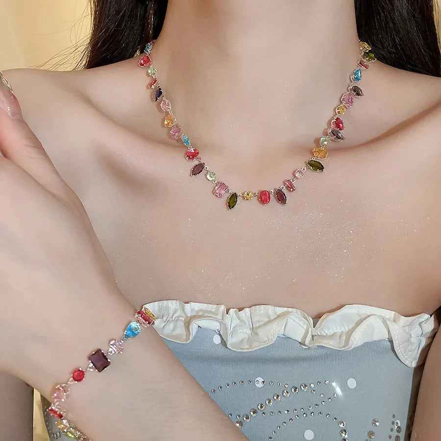 Brand 18K Gold Plated New Luxury Colourful Crystal Zircon Necklace For Women Fashion Party Jewelry Accessories Ladies Jewellery