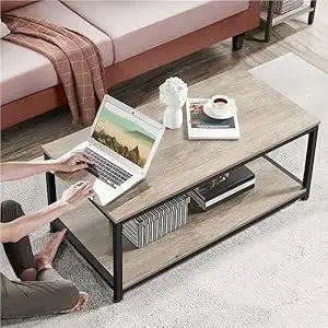 Coffee Tea Table with Metal Frame, Coffee with Open Storage Shelf, Vintage Accent Furniture for Living Room
