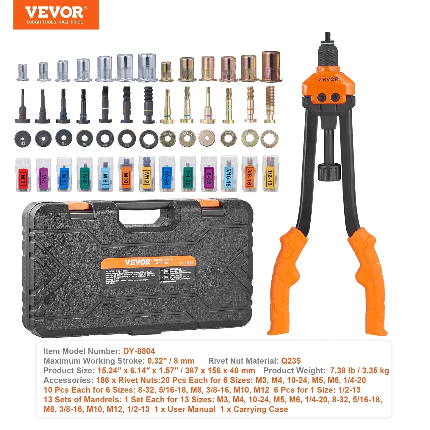 SucceBuy 14" 16" Rivet Nut Tool Rivnut Tool Kit with Metric and SAE Mandrels 70PCS/186PCS Rivet Nuts With Rugged Carrying Case