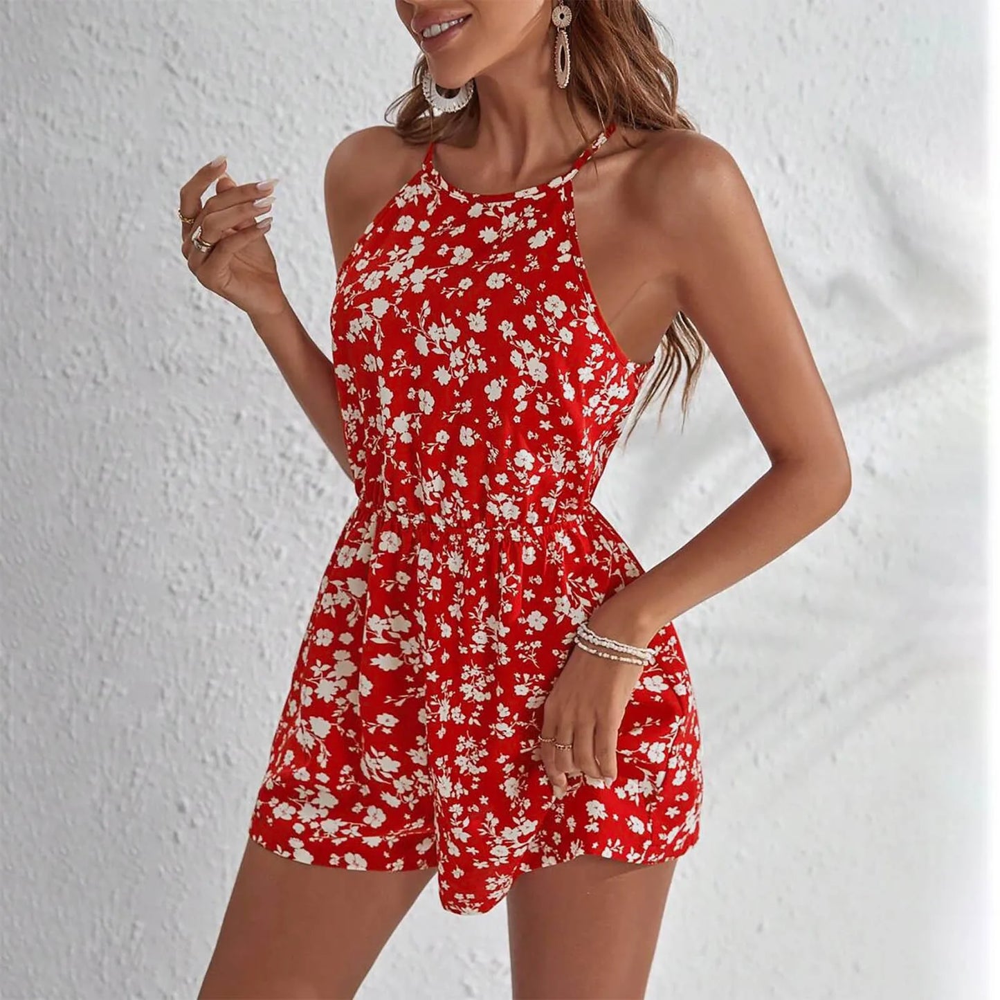 Fashion Women Romper Floral Printed Halter Neck High Waist Sleeveless Jumpsuits Summer Vintage Lace Up Casual Beach Overalls