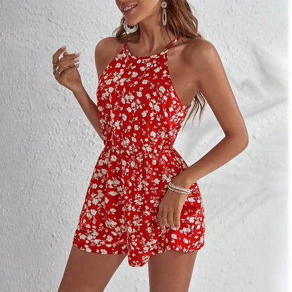 Fashion Women Romper Floral Printed Halter Neck High Waist Sleeveless Jumpsuits Summer Vintage Lace Up Casual Beach Overalls