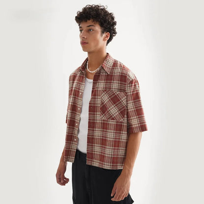 ‌Plaid Short Sleeve Shirt for Men‌ Casual Button Down,Lightweight Breathable Fabric,Trendy Streetwear,Summer Open Front Top
