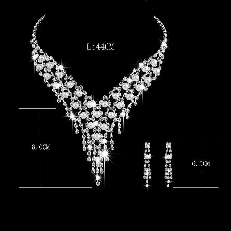 Luxury Long Tassels Jewelry Pearl Necklace Earing Set Crystal Zircon Wedding Bridal Jewelry Sets For Women Bijoux Mariage Zestaw