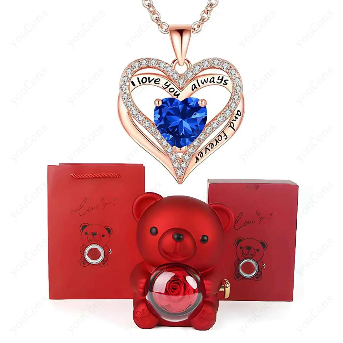 Red Heart Pendant Necklaces With Cute Bear Rose Gift Box For Women Mother Day 2026 Christmas Valentine Wedding Birthday Jewelry