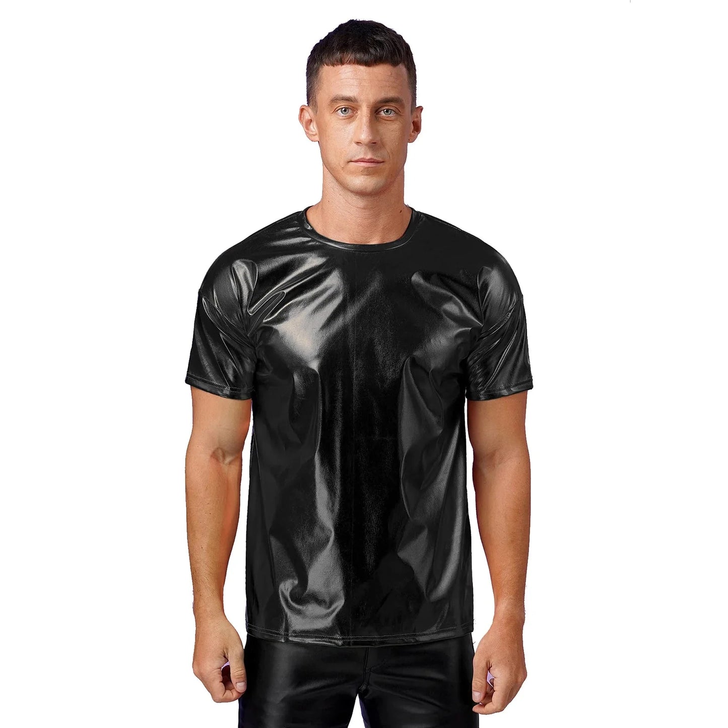 Mens Dance Shirts Tops Party Performance 80s Clothes Metallic Shiny Short Sleeve Round Neck T-shirt for Club Show Role Play