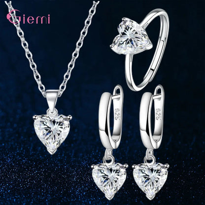 Top Fashion 925 Silver Jewelry Sets Shiny Crystal Gifts Suit For Women Girls Pendant Necklace Earrings Rings Hot Sale