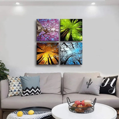 4 Panels Canvas Wall Art Spring Summer Autumn Winter Four Seasons Landscape Tree Painting Prints Modern Giclee Artwork Stretche