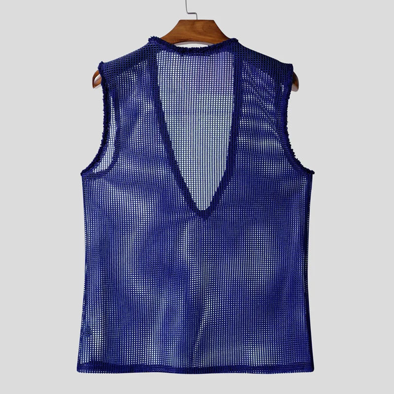 INCERUN Men Tank Tops Hollow Out Mesh See Through Sexy Tassel Male Vests Summer 2025 Solid Color Fashion Streetwear Men Clothing