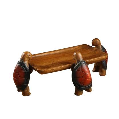 Solid Wood Fruit Plate for Home Living Room, Coffee Table Tray, Three Turtles Base Side Polished, Smooth Eco Friendly Wood Wax O