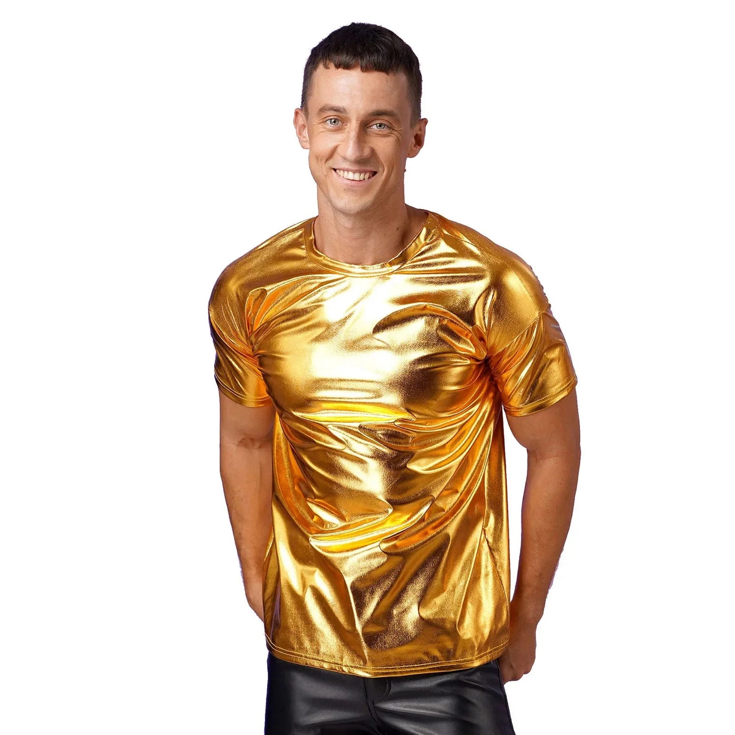 Mens Dance Shirts Tops Party Performance 80s Clothes Metallic Shiny Short Sleeve Round Neck T-shirt for Club Show Role Play