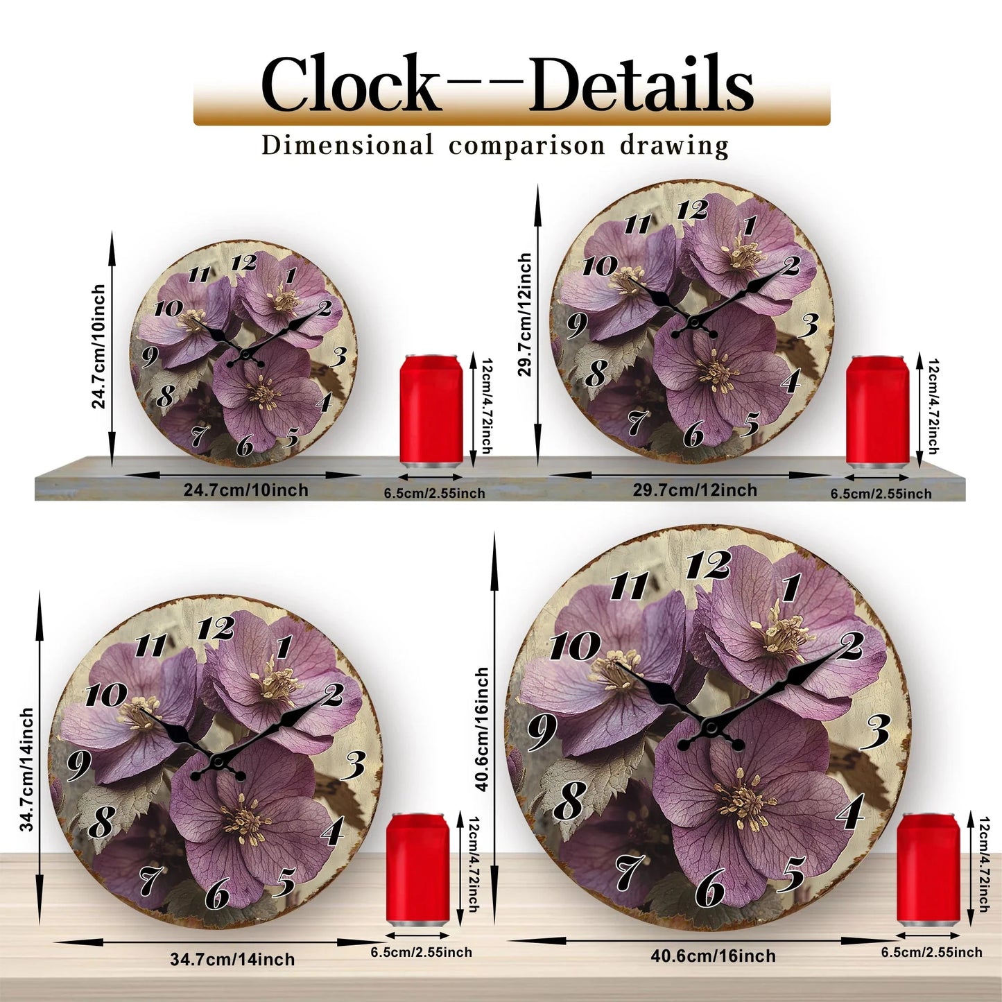 Purple Flower Blossom Floral Art Design Rustic Charm Decorative Clock 10"-16"