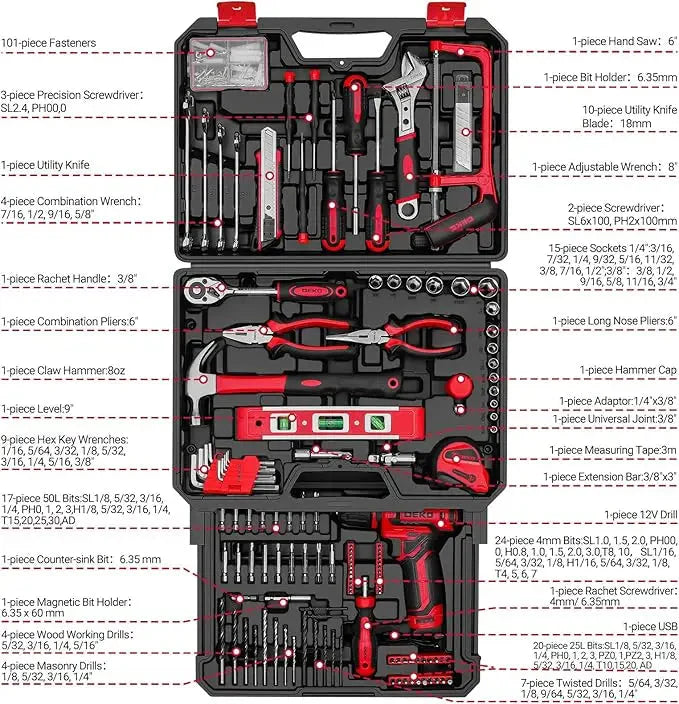 DEKO Home Mechanic Toolbox with 12V Power Cordless Drill Hand Repair Tools Sets Combo Kits Storage Organizer Drawer Case