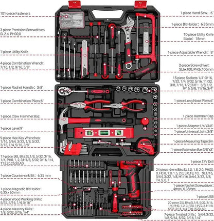DEKO Home Mechanic Toolbox with 12V Power Cordless Drill Hand Repair Tools Sets Combo Kits Storage Organizer Drawer Case