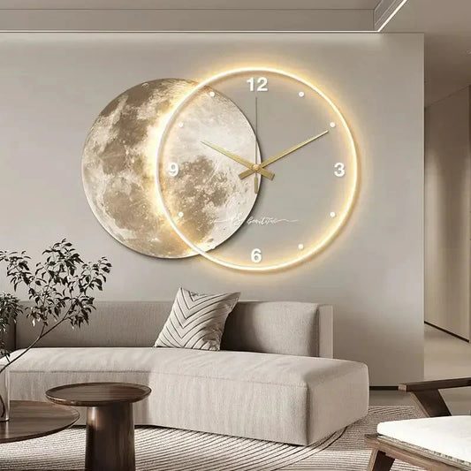 Large Wall Clock Luxury Dining Room Living Room Moon The Earth Modelling LED Light Silent Movement Bedroom Clock Wall Decoration