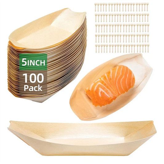 SOFT-100 Set Wooden Food Boats Dessert Plates Food Trays Boat Plates Disposable Plates Disposable