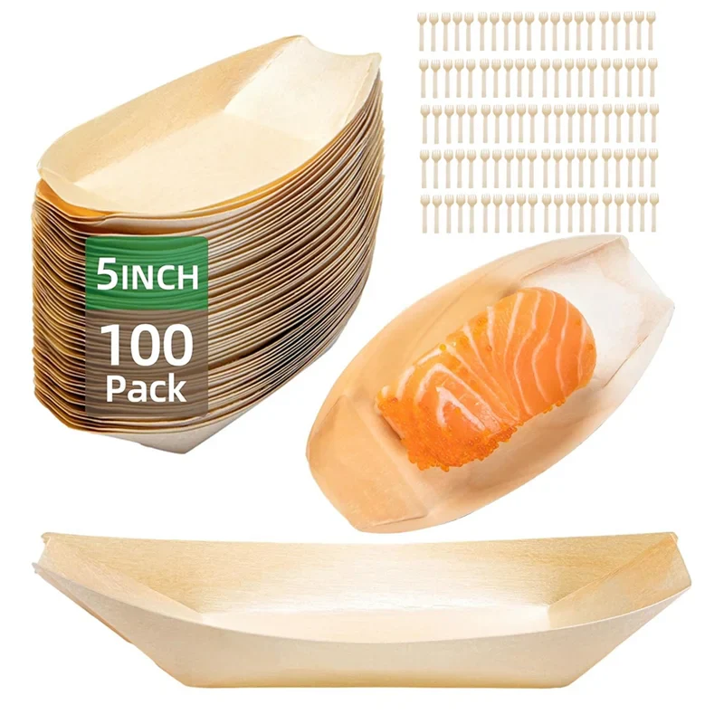 SOFT-100 Set Wooden Food Boats Dessert Plates Food Trays Boat Plates Disposable Plates Disposable