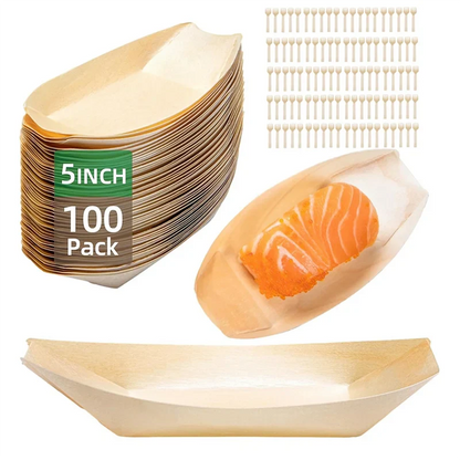 SOFT-100 Set Wooden Food Boats Dessert Plates Food Trays Boat Plates Disposable Plates Disposable