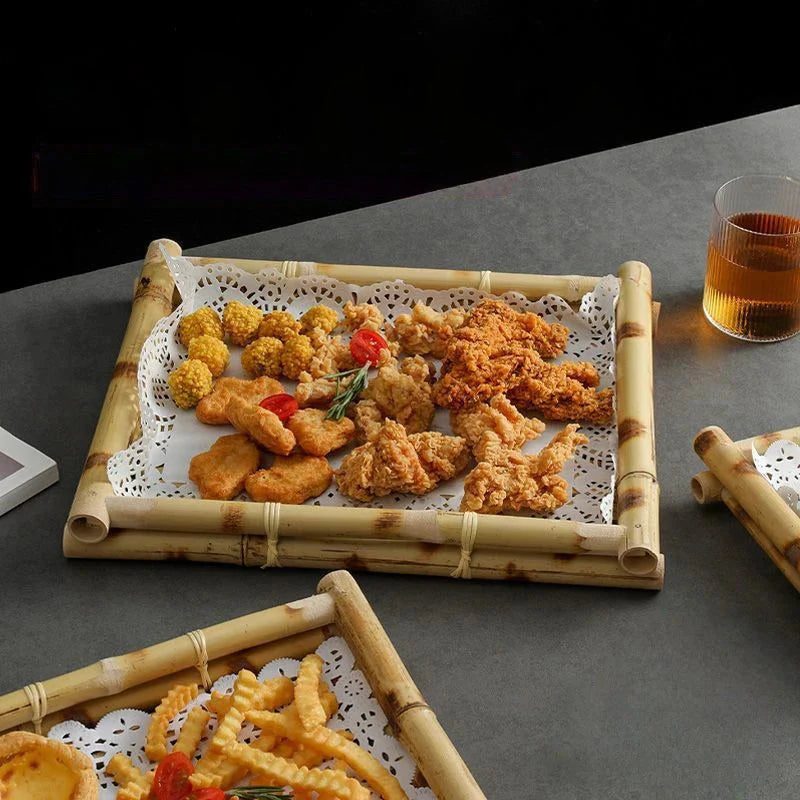 Bamboo Woven Trays Thai & Japanese Restaurant Serving Plates for Snacks, Desserts, Fried Food Eco-Friendly Service Set