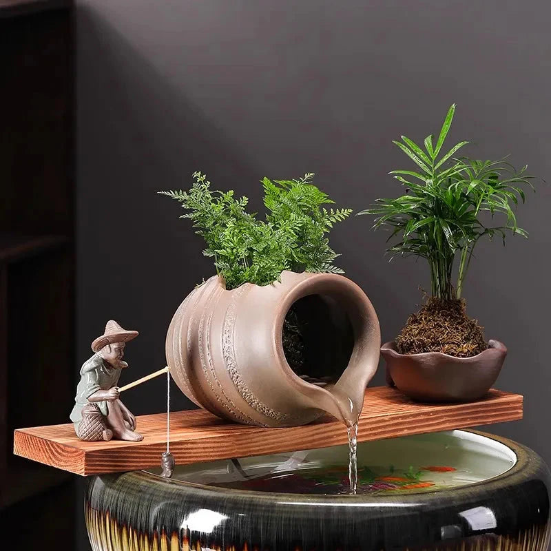 Ceramic Waterfall Jug - Circulating Clay Pot Fountain for Garden, Fish Tank & Courtyard Decor | Handmade Rustic Water Feature