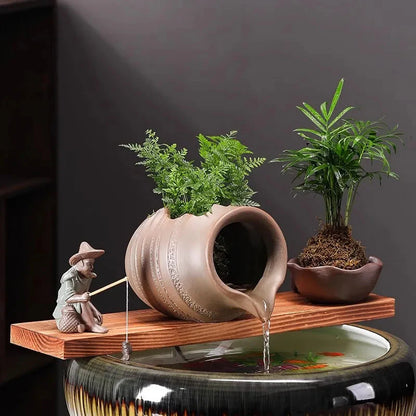 Ceramic Waterfall Jug - Circulating Clay Pot Fountain for Garden, Fish Tank & Courtyard Decor | Handmade Rustic Water Feature