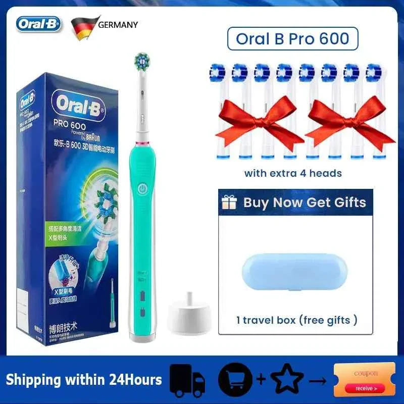 Oral B Electric Toothbrush Pro600 3D Action Daily Clean Pressure Sensor Gum Care Waterproof Rechargeable 7-Day Battery Life