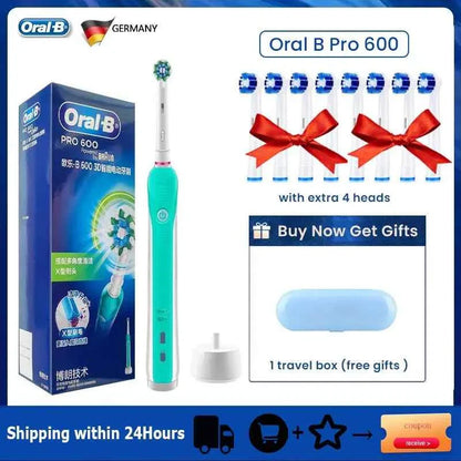 Oral B Electric Toothbrush Pro600 3D Action Daily Clean Pressure Sensor Gum Care Waterproof Rechargeable 7-Day Battery Life