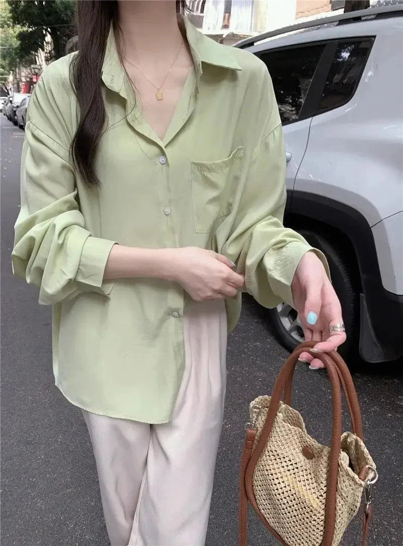 Sunscreen Shirt for Women in Summer New Polo Collar French Unique Loose Solid Color Long-sleeved Top Trendy