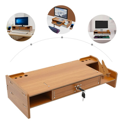 Wooden Desk Organizer W/ Drawer File Storage Desk Monitor Riser Computer Stand