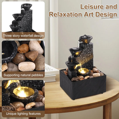 Desktop Art Waterfall Fountain with LED Light, Small Indoor Zen Ornament for Home Living Room Bedroom Office Decor