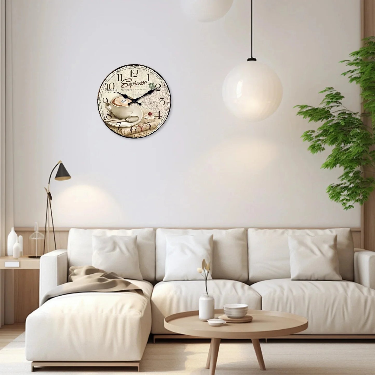 European Retro Coffee Cup Pattern Wooden Wall Clock for Living Room, Bedroom, Kitchen, Home Decoration, Silent Quartz Clock, Holiday Gift, 10 Inches, 12 Inches (No Battery)