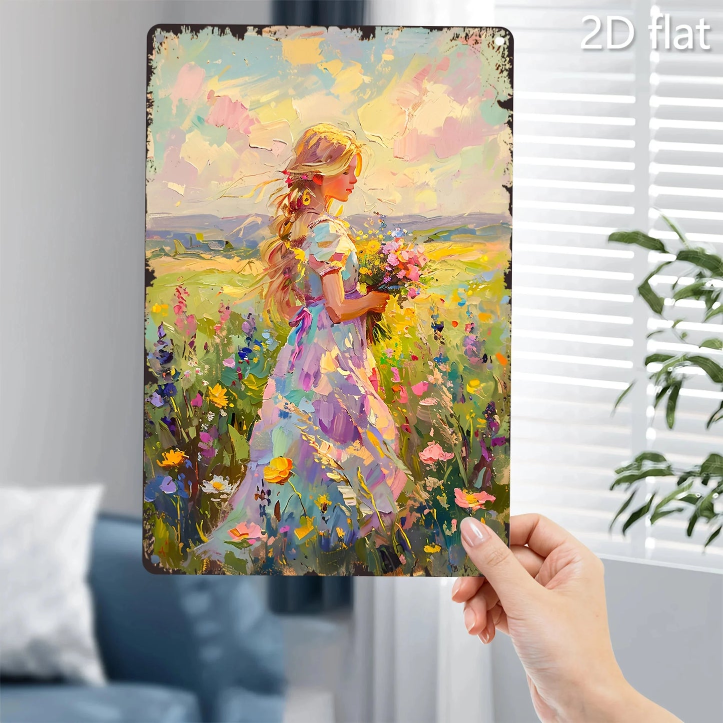Vibrant Floral Scene 2D Flat Wall Art - Blonde Woman & Wildflowers Metal Sign, 8x12 Inch Indoor/Outdoor Decor