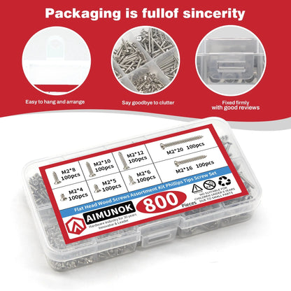 800pcs M2 Self Tapping Screw Assortment Kit Tapping Screw Assortment Kit Lock Nut Wood Thread Nail Screw Sets Self Lock Nut Wood