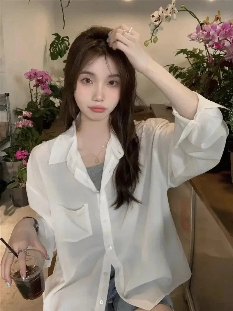 Sunscreen Shirt for Women in Summer New Polo Collar French Unique Loose Solid Color Long-sleeved Top Trendy