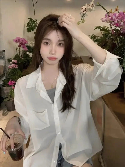 Sunscreen Shirt for Women in Summer New Polo Collar French Unique Loose Solid Color Long-sleeved Top Trendy