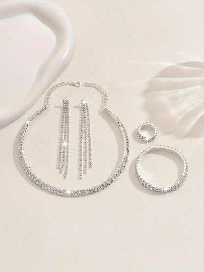 5pcs Luxurious Rhinestone Jewelry Set for Women,Choker, Earrings, Stretch Bracelet & Ring for Weddings, Banquets & Parties