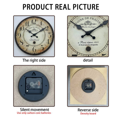 Retro“ Antoine De Praiteon a Paris Dehuis1801” Pattern Wooden Wall Clock Living Room Bedroom Kitchen Home Decoration Wall Clock Silent Quartz Clock Holiday Gift 10 Inches 12 Inches 14 Inches 16inch (Without Battery)