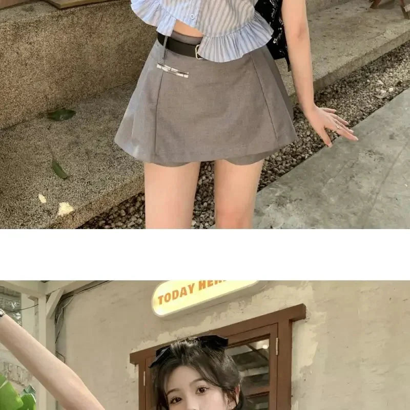 Bow-rinked Striped Shirt for Women Summer French Sweet and Spicy Puff Sleeve Shirt Short Short Sleeve Top